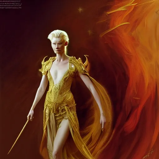 Image similar to young adult tilda swinton as lucifer morningstar, ornate long blond hair, whole body, natural lighting, path traced, highly detailed, high quality, digital painting, by gaston bussiere, craig mullins, alphonse mucha j. c. leyendecker