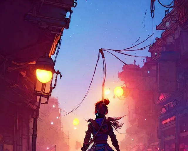 Image similar to Aloy of horizon zero dawn in a street with lamps, road, illustration, wide shot, subtle colors, post grunge, concept art by josan gonzales and wlop, by james jean, Victo ngai, David Rubín, Mike Mignola, Laurie Greasley, highly detailed, sharp focus, Trending on Artstation, HQ, deviantart, art by artgem