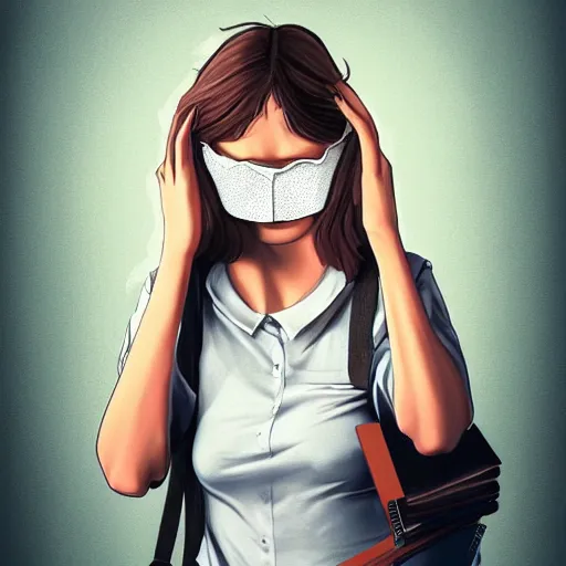 Image similar to realistic portrait of a terrified female author covering her face with a notebook while three male and one female characters look intensely, aesthetic!, trending on artstation, detailed digital art,