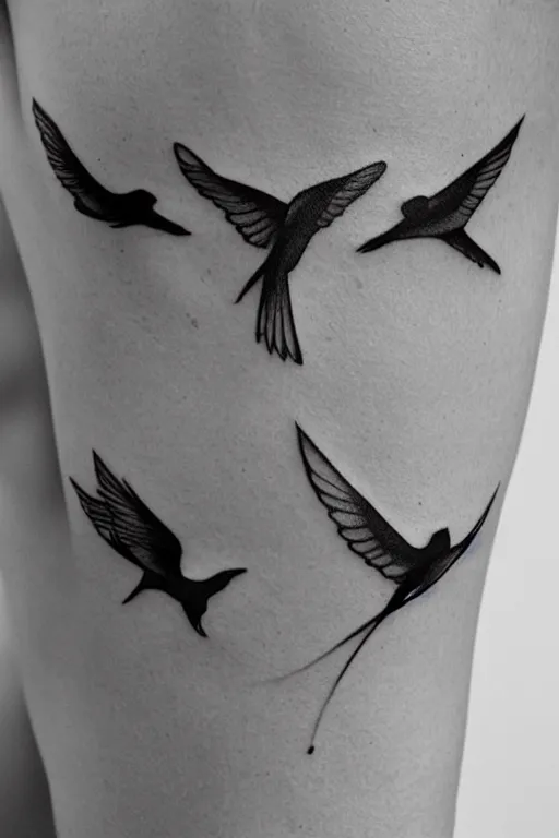 Prompt: a beautiful tattoo design of minimalist swallows flying into spherical lines and simple basic shapes, black ink, abstract logo, line art