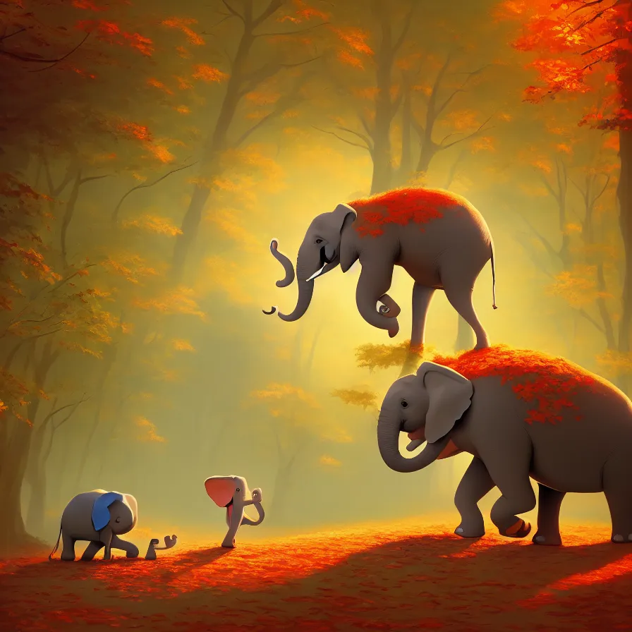 Image similar to Goro Fujita illustrating an elephant walking through a beautiful autumn forest, art by Goro Fujita, sharp focus, highly detailed, ArtStation