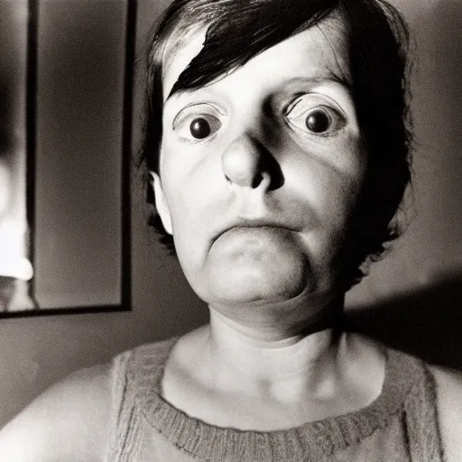 Image similar to high quality, high detail, ultra sharp photograph by diane arbus and vivian maier, hd, strange faces, intense fear of unknown, photorealistic lighting