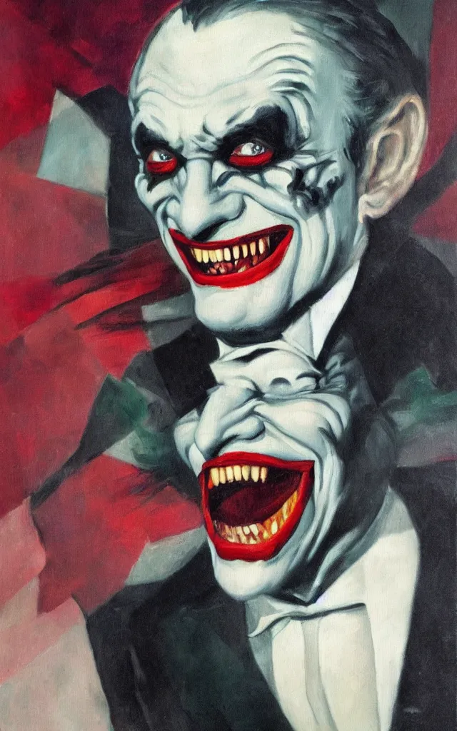 Prompt: portrait of conrad veidt the man who laughs joker grin, award winning oil painting, sharp color palette