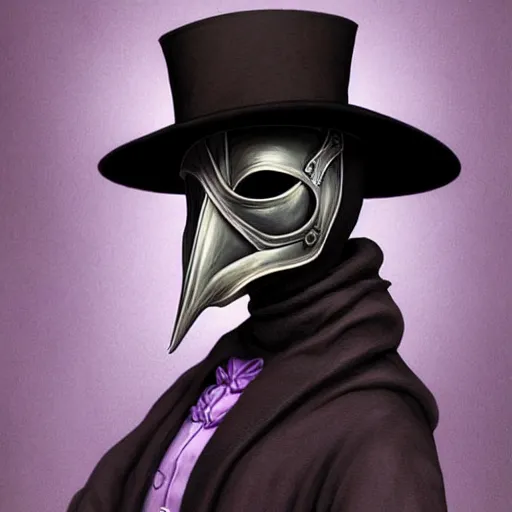 Prompt: mediaeval plague doctor wearing a top hat with a purple ribbon, intricate, epic, highly detailed, digital painting, artstation, concept art, smooth, sharp focus, illustration, unreal engine 5, 8 k, art by artgerm and greg rutkowski and alphonse mucha