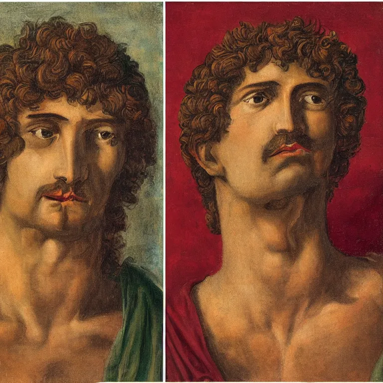 Image similar to portrait, headshot, of Dionysus, the Greek god of wine, heartbroken by 20th-century artist Francis Bacon triptych , high detail