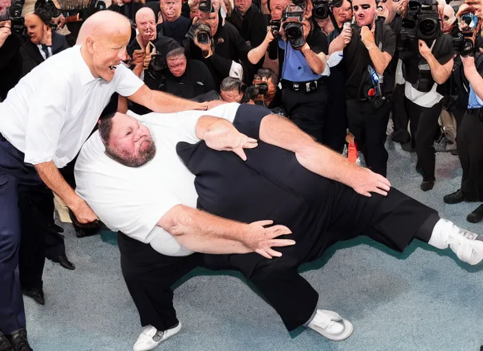 Prompt: Joe Biden kicks a fat man in the face, 8K, high quality, highly detailed