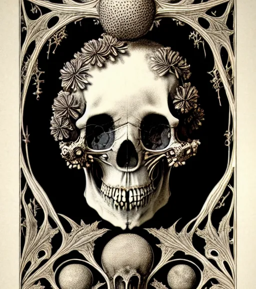 Image similar to art forms of nature by ernst haeckel, memento mori by arthur rackham, ornate antique porcelain beautiful skull mask, ultrasharp, photorealistic, hyperdetailed, octane render, polished, art nouveau, neo - gothic, gothic, intricate ornamental organic filigree, art nouveau botanicals, art forms of nature by ernst haeckel, horizontal symmetry, symbolist, visionary