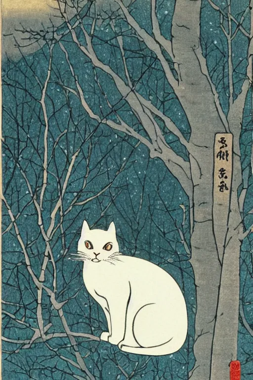 Image similar to white cat in the tree in winter day in the style of Utagawa Hiroshige