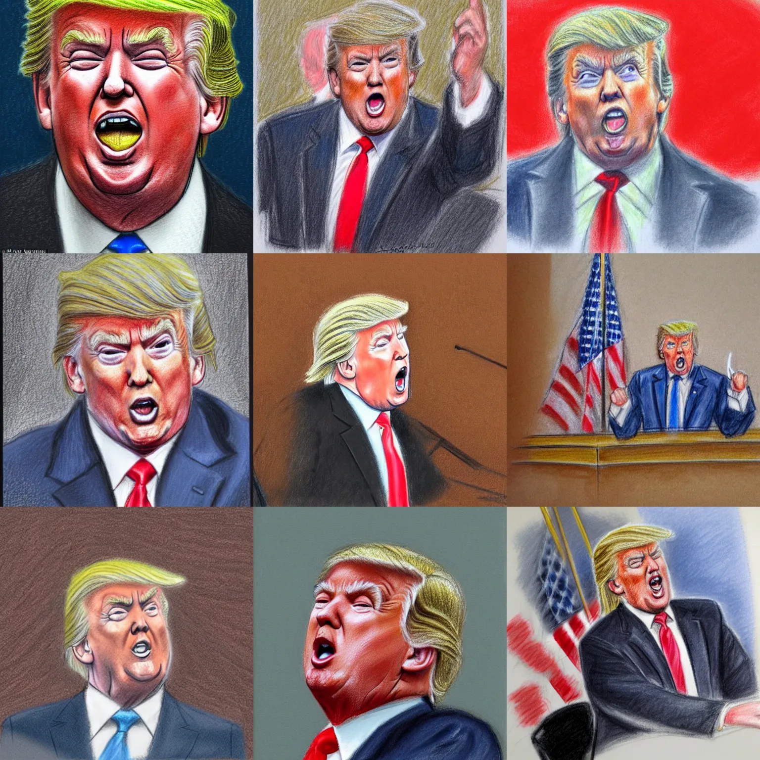 Prompt: courtroom sketch of donald trump, shouting, pastel drawn by Jane Rosenberg