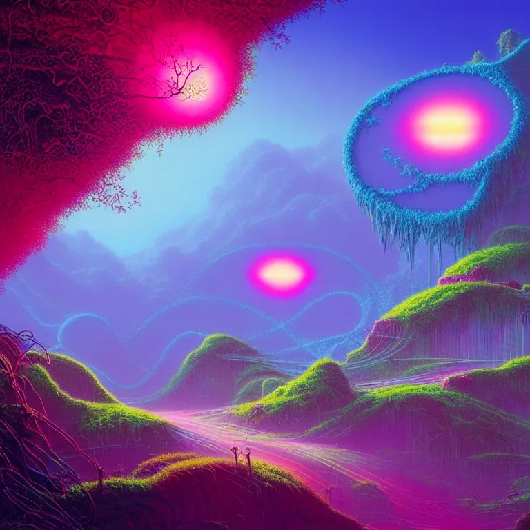 Image similar to mythical glowing orbs on bridges through lush valley, ( ( ( synthwave ) ) ), ( ( fractal waves ) ), bright neon colors, highly detailed, cinematic, tim white, michael whelan, caza, bob eggleton, philippe druillet, vladimir kush, kubrick, alfred kelsner