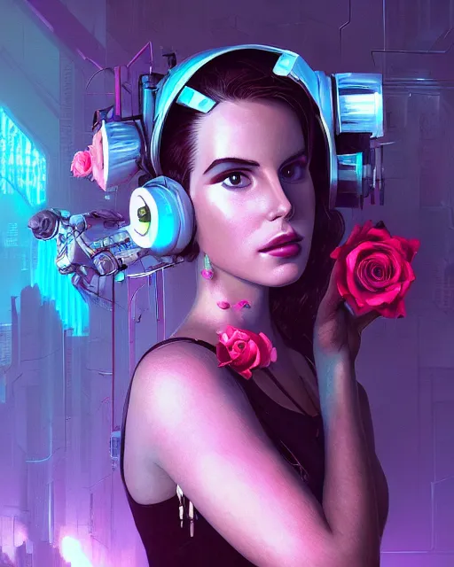 Image similar to portrait of lana del rey as a cyberpunk cyborg. roses, sci - fi, missing panels, intricate abstract upper body intricate artwork, by tooth wu, wlop, beeple, dan mumford. concept art, octane render, deviantart, greg rutkowski, cinematic, key art, hyperrealism, iridescent accents