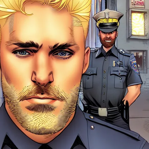 Prompt: portrait of a blonde pale police officer with short hair and a patchy beard, close up, grimy streets backdrop, detailed, art by russell dauterman and patrick gleason and stefano caselli and marco checchetto and esad ribic