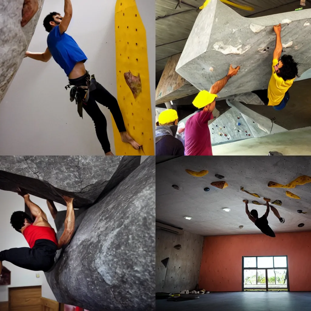 Prompt: a photo of a brazilian man bouldering indoors