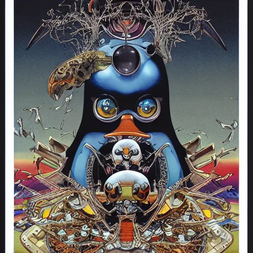 Image similar to portrait of crazy penguin, symmetrical, by yoichi hatakenaka, masamune shirow, josan gonzales and dan mumford, ayami kojima, takato yamamoto, barclay shaw, karol bak, yukito kishiro