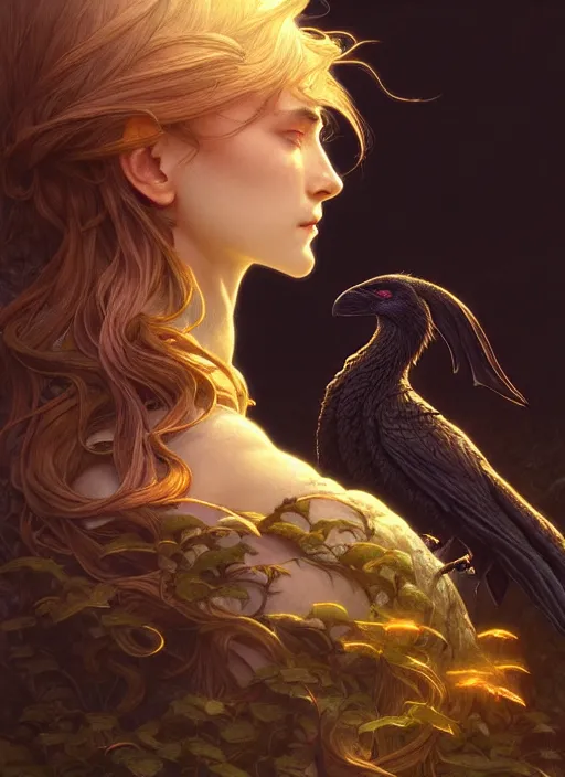 Prompt: side portrait dark crow, fantasy forest landscape, dragon scales, fantasy magic, dark golden light night, intricate, elegant, sharp focus, illustration, highly detailed, digital painting, concept art, matte, art by WLOP and Artgerm and Greg Rutkowski and Alphonse Mucha, masterpiece