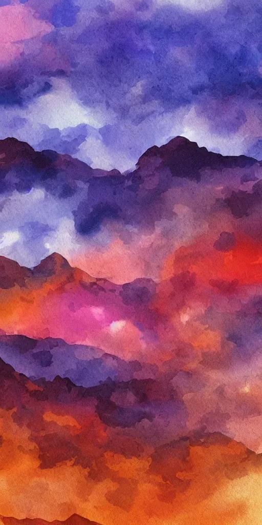 Image similar to high quality digital water color painting of idyllic vivid colorful orange purple red magical storm clouds above a mountain range