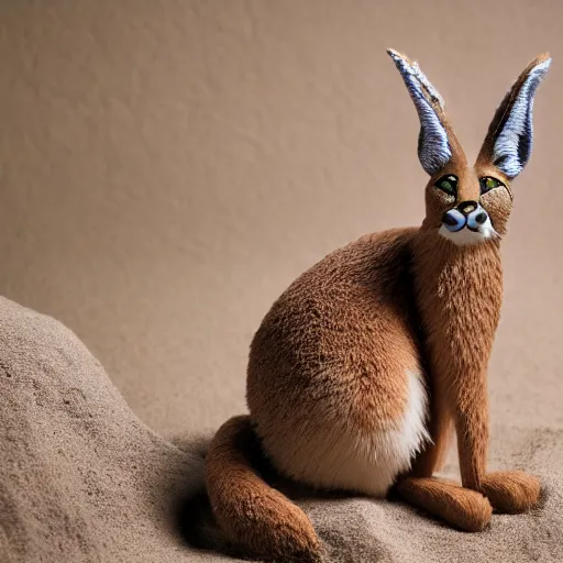 Image similar to a cinematic film still of a claymation stop motion film starring cute fluffy caracal, shallow depth of field, 8 0 mm, f 1. 8