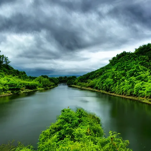 Image similar to a beautiful landscape, river, lush vegetation, 8K, photo