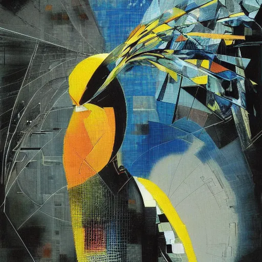 Image similar to the progressive rasterization of a bird, from a mechanical one into a pixel one, golden - blue oil on canvas by dave mckean and yoji shinkawa and roberto matta