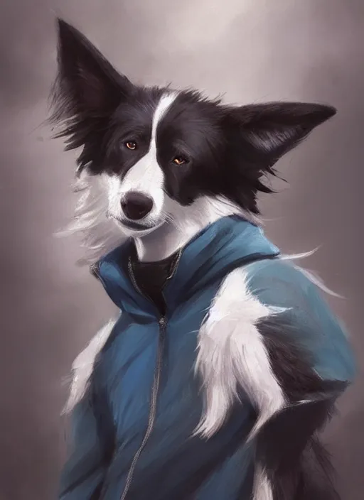 Image similar to beautiful portrait of a cute male anthropomorphic border collie fursona wearing a blue tracksuit in idaho. by charlie bowater, henry asencio, and ross tran. scenic background, detailed, concept art, detailed hands, glamor pose, aesthetic, trending on artstation, top rated on furaffinity and deviantart