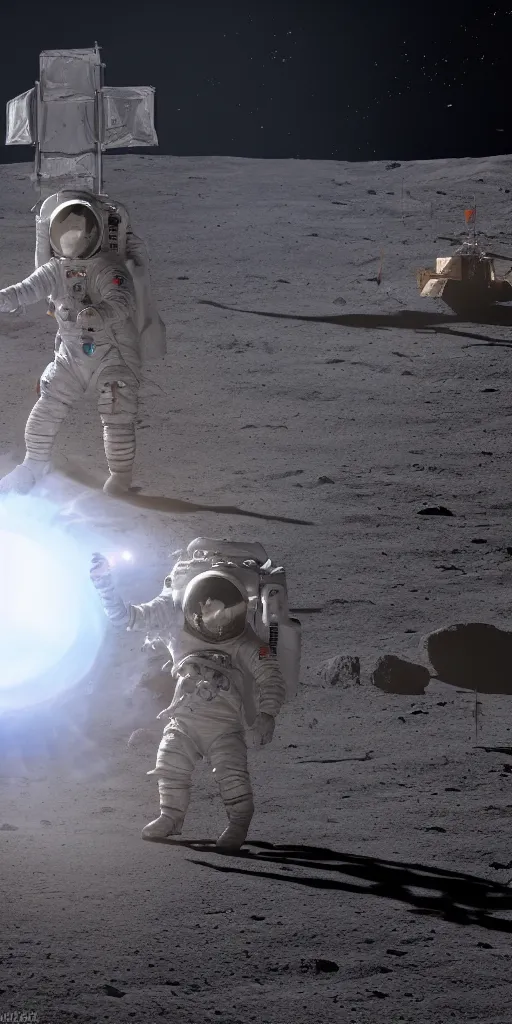 Image similar to concept art, chinese astronauts landing on the moon, backlight, f 3 2, high detail, octane rendering, unreal engine.