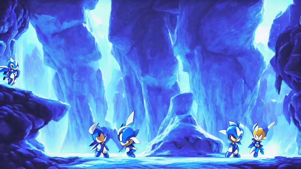 Image similar to side scrolling megaman zero stage 1 the ice cave, studio ghibli, pixar and disney animation, sharp, rendered in unreal engine 5, highly detailed, digital painting, artstation, hollow knight, smooth, sharp focus, illustration, wide angle, wallpaper, splash art, promo art, dramatic lighting, art by artgerm and greg rutkowski and bo chen and jin xiaodi