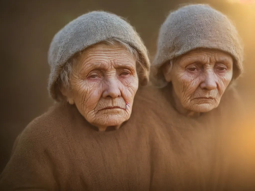 Image similar to close up portrait bust of old woman sitting on fence, tired expression, faded color film, russian cinema, tarkovsky, technicolor, heavy forest, wood cabin in distance, shallow depth of field, long brown hair, old clothing, heavy fog, brown color palette, sunset, low light, hudson river school, 4 k, dramatic lighting