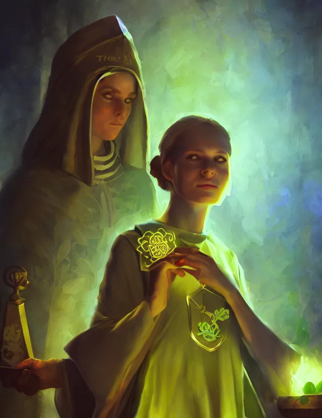 Prompt: priestess of trefoils, tinfoil and clovers. oil painting by award - winning concept artist. backlighting, chiaroscuro.