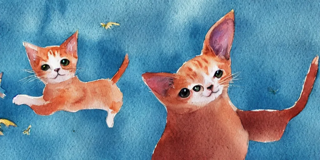 Prompt: watercolor illustration style, flying cute cats with tiny blue wings