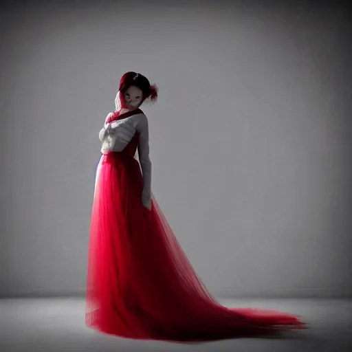 Image similar to ghost bride, white, long, flowing, translucent gown, vivid red colours, cinematic, in the style of zhang pang, first - person