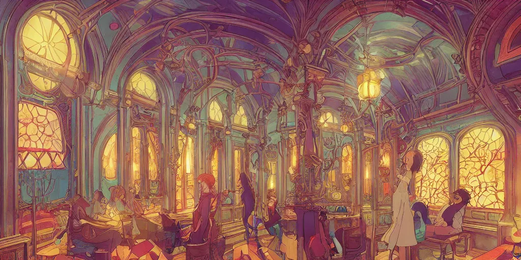 Image similar to an art nouveau decorated alchemy room, magical, bright, colorful, fantastic lighting, amazing details, 4 k uhd, illustration by hayao miyazaki and makoto shinkai and ilya kuvshinov, artstation, pixiv,