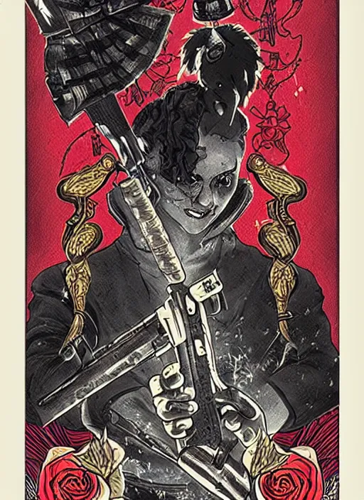 Image similar to tarot card :: horror :: killer gun :: blood and roses :: by Yurtsev and Darkchylde