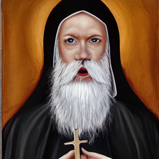 Image similar to Impressive portrait of a Catholic priest with red hair, a white beard, and brilliant silver eyes. Oil on canvas.