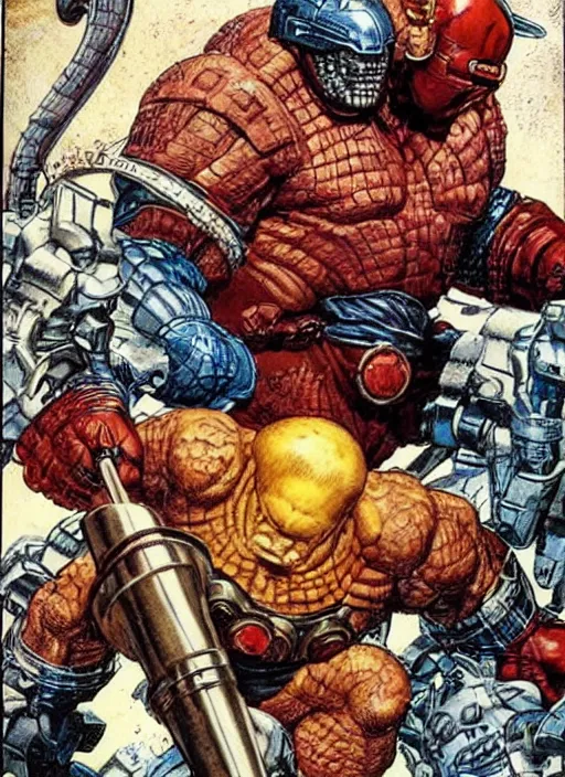 Image similar to huge morgan aste as marvel's juggernaut wearing metal helmet, dynamic, by jack kirby and greg staples and norman rockwell and tom lovell