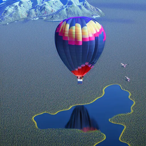 Image similar to Photo of a hot air balloon flying above a reflective mountain lake, the lake has two black swans swimming, touching heads, forming a heart with their necks, beautiful, High resolution photo, intricate, 8k highly professionally detailed, HDR, CGsociety, render