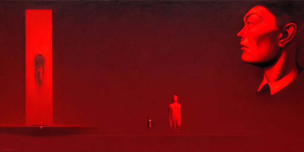 Image similar to elon musk totalitarian in the style of beksinski, parts by edward hopper, parts by rodcenko, parts by yue minjun, intricate and epic composition, red by caravaggio, insanely quality, highly detailed, masterpiece, red light, artstation, 4 k