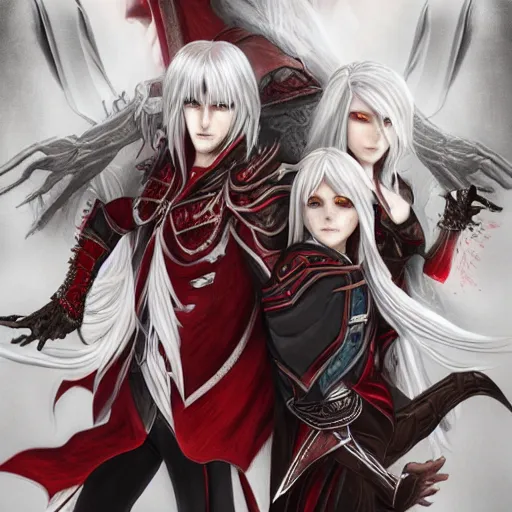 Prompt: Epic drawing of two young twins, with white skin, long white hair and red eyes. Wearing identical red clothes. Middle age. Castlevania, ultra-detailed. Anime, pixiv, UHD 8K CryEngine, octane render