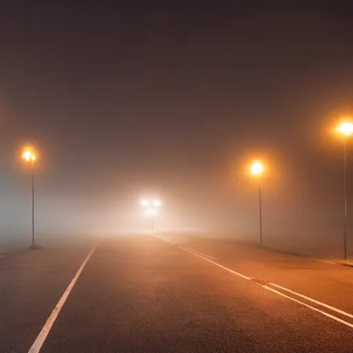 Prompt: a city block under fog during the night, streetlights are visible in the fog