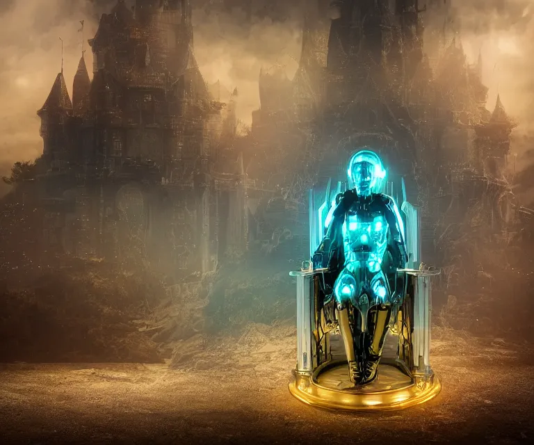 Image similar to translucent glowing cyborg sitting on a metal throne, futuristic castle as background, fantasy sci - fi, fine details, metallic, 2 0 0 mm focus, bokeh