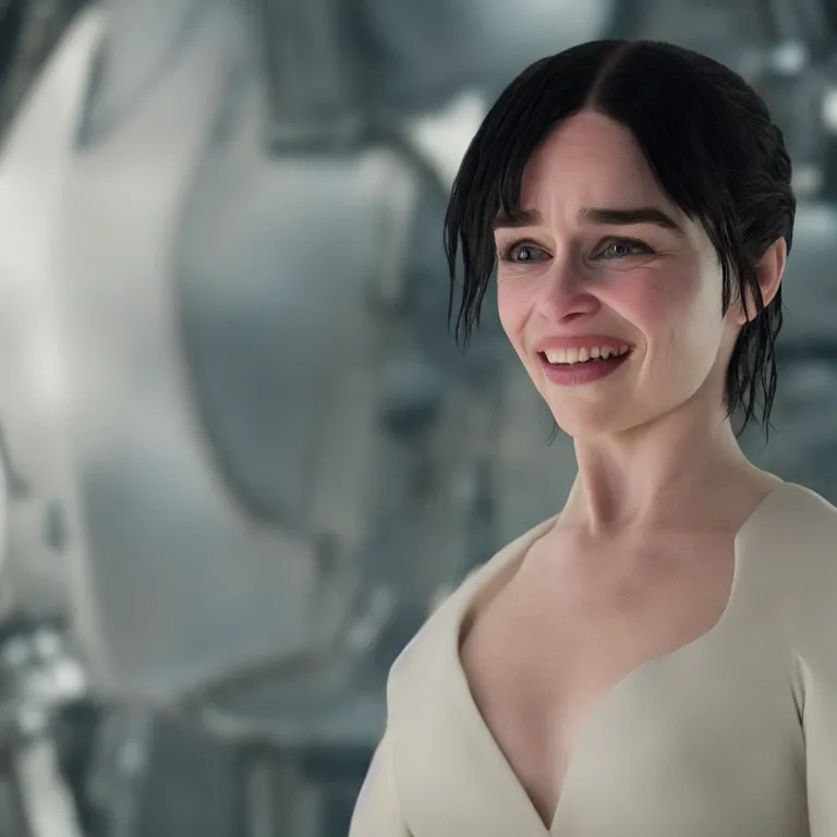 Image similar to scifi smiling emilia clarke looks like ghost in the shell, extremely high detail, photorealism, sony a 7 r