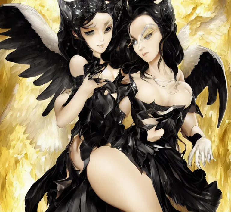 Image similar to An impeccable beauty, Albedo is a woman with lustrous jet-black hair and the face of a goddess. She has golden irises and vertically split pupils; on her left and right temples are two thick horns protruding crookedly, and on her waist are a pair of black angel wings. Albedo wears a pure white dress with silky gloves covering her slender hands and a golden spiderweb necklace that covers her shoulders and chest. In combat, she wears an impressive black full plate armor with a unique helmet and carries a battle-axe with her. Octane Render, Photorealistic Render, Hyper realistic, Noir