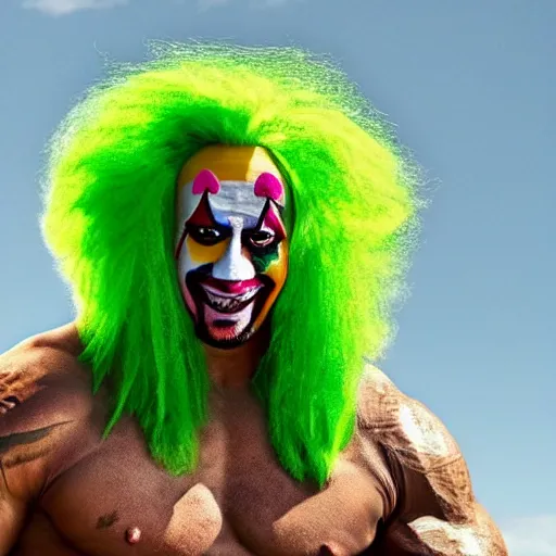 Image similar to dwayne johnson in a funny clown suit with a ridiculous green wig
