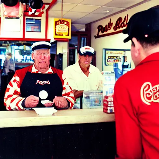 Image similar to a photograph of a real - life popeye the sailor man handing change to a customer at a popeye's chicken restaurant. he is behind the counter wearing a uniform, the customer is wearing khakis and a coat.