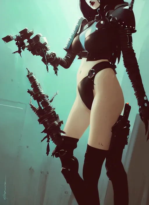 Image similar to portrait of cute goth girl in cyber bikini armor, warhammer, cyberpunk, by atey ghailan, by greg rutkowski, by greg tocchini, by james gilleard, by joe fenton, by kaethe butcher, dynamic lighting, gradient light blue, brown, blonde cream and white color in scheme, grunge aesthetic