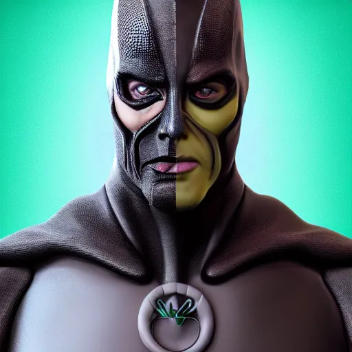 Image similar to vegan supervillain, UHD, hyperrealistic render, highly detailed, 4k, artstation