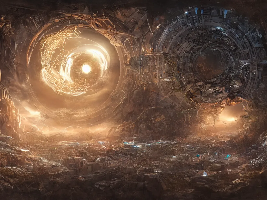 Image similar to an intricate matte painting of an epic battle between nature and technology at the center is a circular glowing biomechanical portal made of mechanical and electrical parts