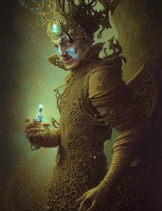 Image similar to front shot of a court jester character, hyperdimensional, bioluminescent hypercubes, ((intricate)), elegant, highly detailed, centered, (((artstation, concept art, smooth, sharp focus, artgerm, Tomasz Alen Kopera, Peter Mohrbacher, donato giancola, Joseph Christian Leyendecker, WLOP, Boris Vallejo))), mugshot!!!!!, ugly!!!!!!, octane render, nvidia raytracing demo, grainy, muted, 8K, digitalblasphemy