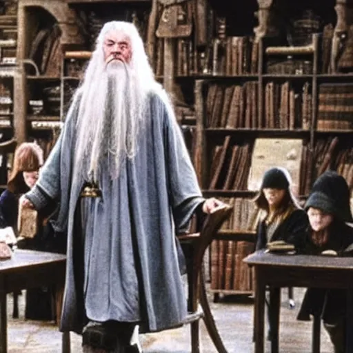 Prompt: Gandalf as Defense against the Dark Arts teacher in Hogwarts, teaching young wizards in a classroom