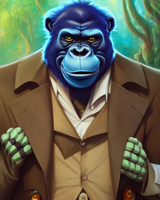 Image similar to don bluth, loish, artgerm, joshua middleton, steampunk, clockpunk anthropomorphic gorilla, full blue suit, smiling, symmetrical eyes symmetrical face, colorful animation forest background