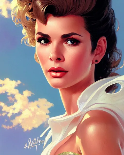 Image similar to Portrait of Sandy from Grease going up to heaven, real life skin, intricate, elegant, highly detailed, artstation, concept art, smooth, sharp focus, art by artgerm and greg rutkowski and alphonse mucha